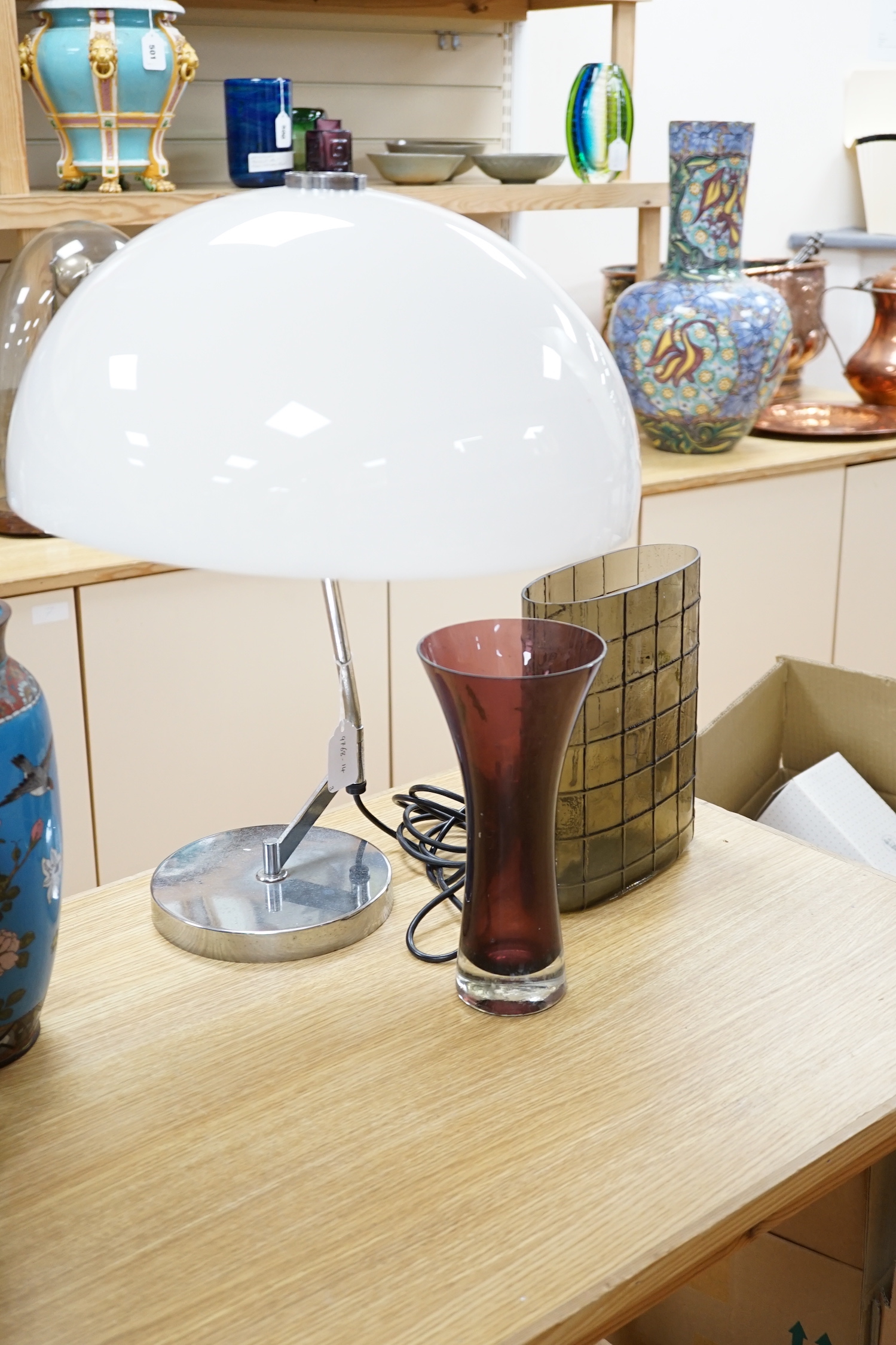 Two modern glass vases and a modernist table lamp with Perspex shade, largest 57cm high